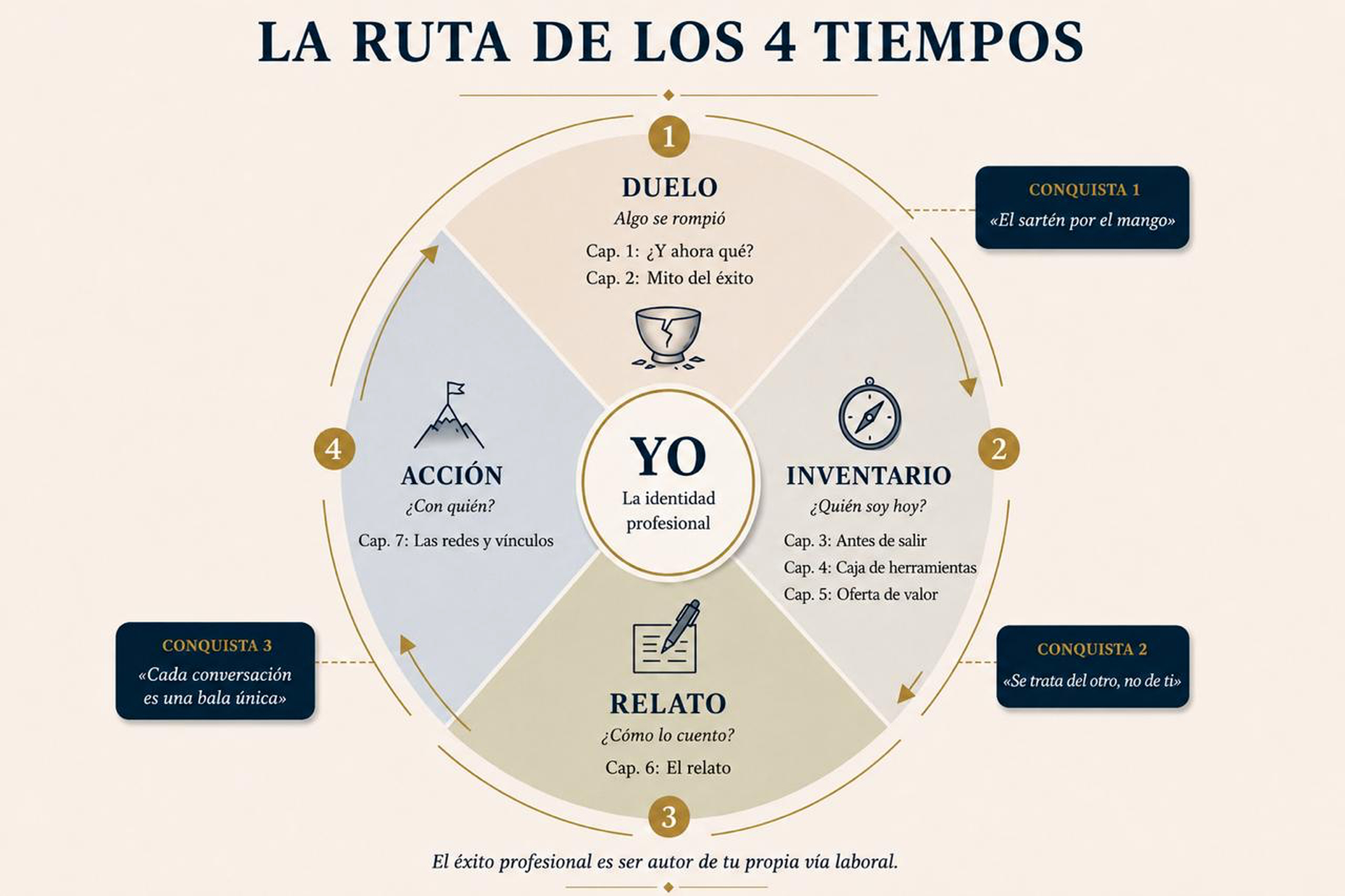 Esquema La Ruta de los 4 Tiempos: Duelo, Inventario, Relato y Acción, framework del libro ¿Y Ahora qué? de Matías Vial Valdés